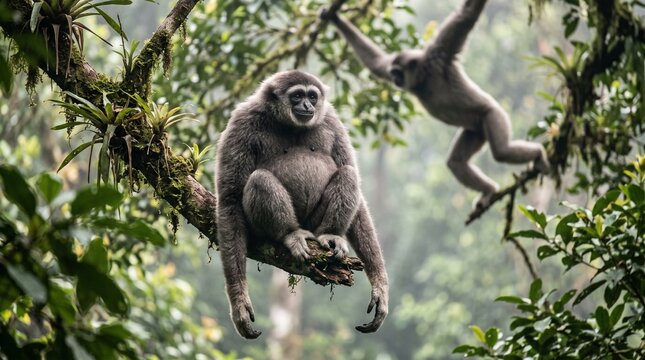 Gibbons swinging in lush tropical rainforest canopy