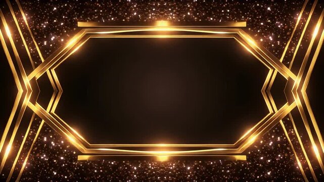 Golden geometric frames with sparkling particles in motion during a luxurious celebration