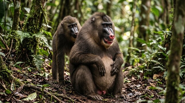 Pair of Mandrills in Lush Tropical Rainforest Setting