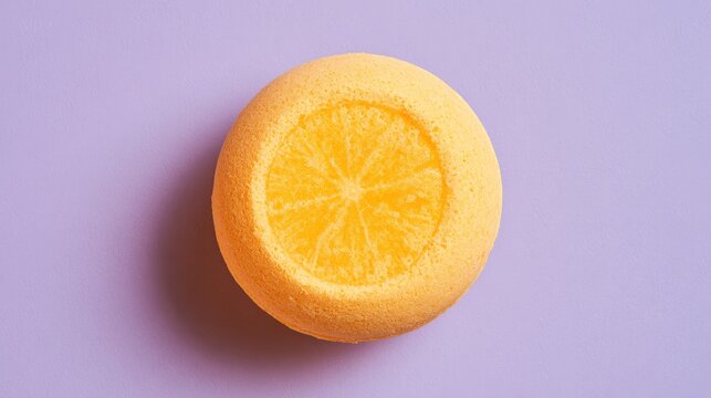 Citrus bath bomb rests on purple backdrop