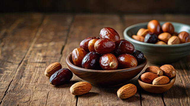 Sweet date fruit arranged beside assorted nut