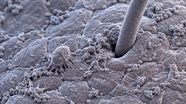 Microscopic view of a hair follicle and bacteria on human skin surface