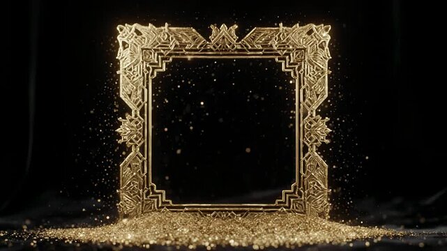 Golden particles forming a frame against a dark background with subtle camera movement