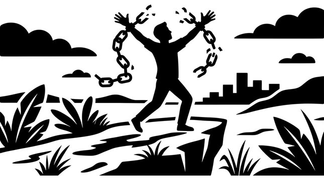 Silhouette of man breaking chains on cliff representing freedom