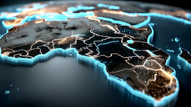 Glowing neon lines highlight African continent borders and cities on a dark futuristic digital earth globe