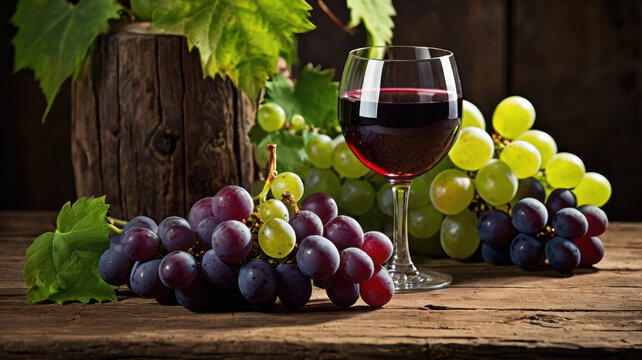 Wine glass beside fresh grape cluster and vine leaf on rustic wood creates rich still life