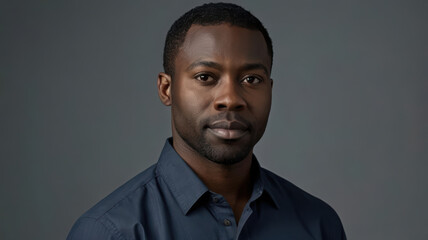 Obraz premium Black man portrait studio headshot with calm expression against dark gray background