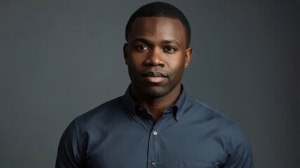 Obraz premium Professional studio portrait of Black man wearing dark blue shirt with calm expression