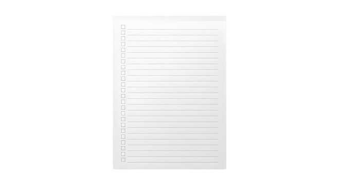 Blank white paper checklist and to-do list notepad page template isolated on a dark black background