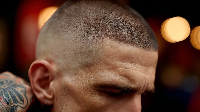 Close up of a man's head with a buzzed haircut and tattoos on his hand
