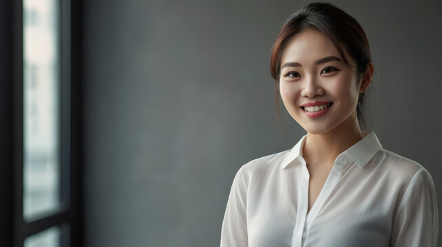 Confident Asian woman smiling in white shirt near window