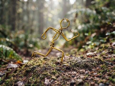 Macro photography of a yellow wire stick figure toy running on mossy forest floor