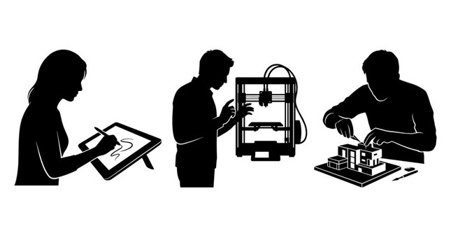 Silhouette of people using 3d printer and digital tablet Vector