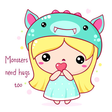 Monsters need hugs too. Card with cute tiny sad girl in monster costume. Tiny Sad Monster Needs Love. Monster Have Feelings Too. Can used for t-shirt print, apologize card, sticker, badge. Vector EPS8