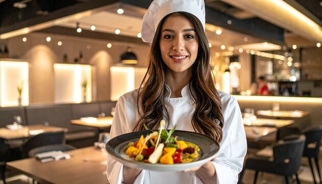 Young female chef presenting innovative plant-based gourmet dish in modern restaurant kitchen
