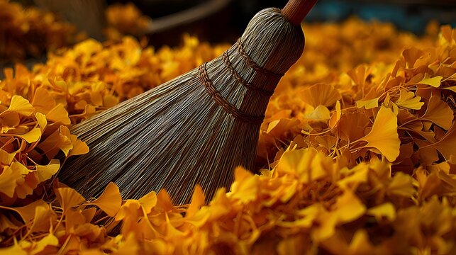 Broom sweeping pile of bright yellow ginkgo leaves during autumn