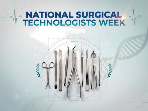 National surgical technologists week celebration poster with medical instruments and tools