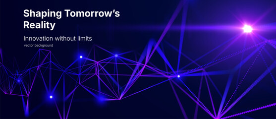 Fototapeta premium Abstract AI research background with glowing connected blue and purple nodes and polygonal network. Futuristic data science, neural technology and digital communication concept.