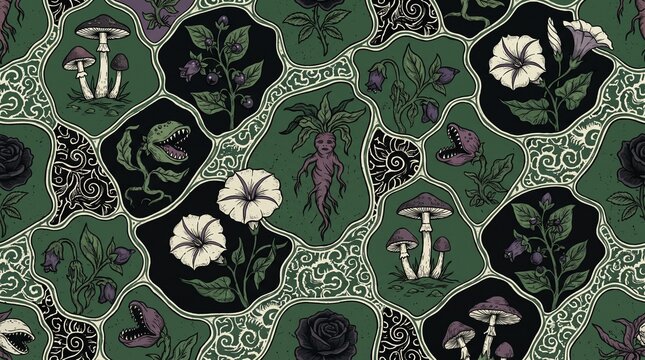 Dark Witch Botanical Seamless Pattern with Batik Scrollwork Venus Flytrap Mandrake Mushroom Black Rose Nightshade Green Purple Background