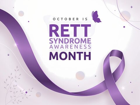 Rett syndrome awareness month design with a purple ribbon and a small butterfly illustration