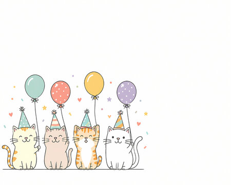 Cute Birthday Cats with Balloons and Party Hats, Pastel Celebration Illustration with Copy Space