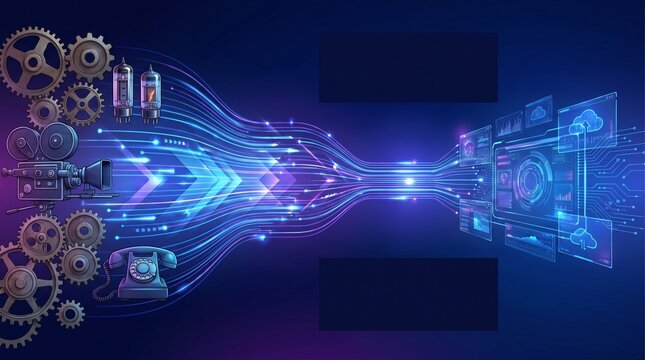 Digital transformation concept with gears transitioning into glowing data stream