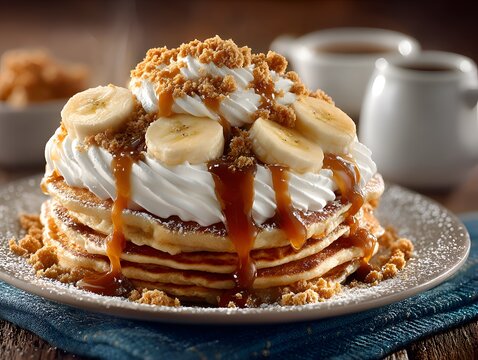 Delicious stack of banana caramel pancakes topped with whipped cream and cookie crumble
