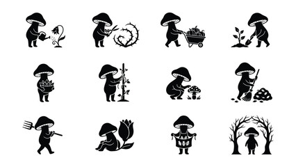 Fototapeta premium Cute mushroom character illustrations engaging in various gardening activities