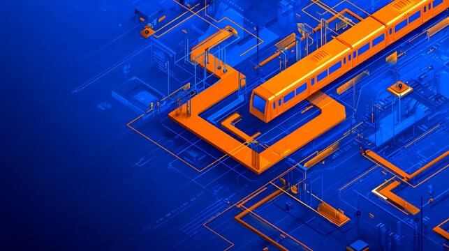 3D futuristic isometric technology background featuring glowing orange train on dark blue circuit board with digital network pathways