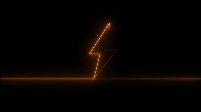 Glowing orange neon continuous line energy lightning bolt icon loop