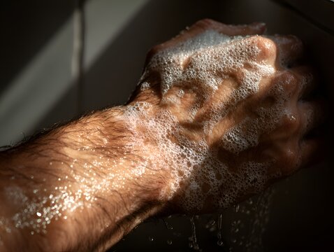 Close up of a hairy arm and hand covered in soap bubbles and water drops under dramatic light