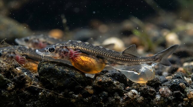 Sturgeon larvae hatching underwater