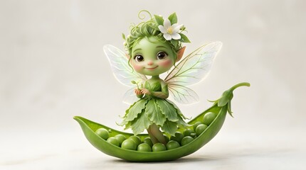 Fototapeta premium Cute fairy character sitting in a green pea pod, whimsical fantasy garden creature art.