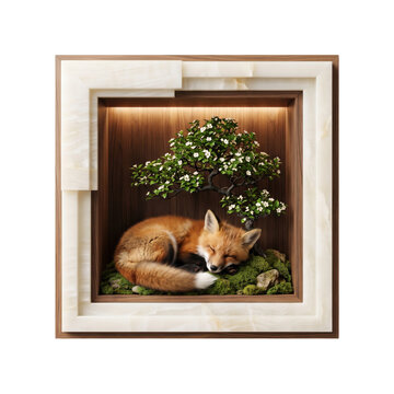 Cute red fox sleeping under a small flowering tree inside a decorative wooden square box frame isolated on transparent background