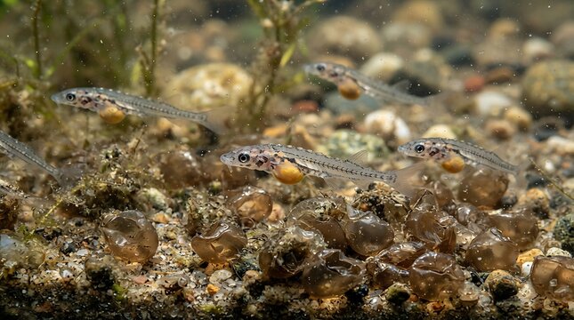 Sturgeon larvae swimming near egg