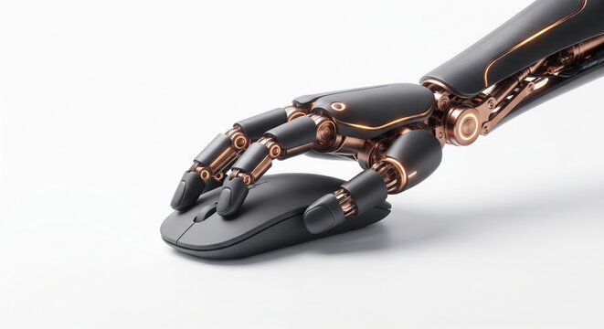 Futuristic robotic hand operating a wireless computer mouse on a clean minimal background. Artificial intelligence, automation and human-computer interaction concept with copy space.