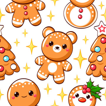 Merry Christmas Vector seamless pattern with cute gingerbread. Endless texture can be used winter holiday label, t-shirt print, greeting card, pattern fills, fabric design