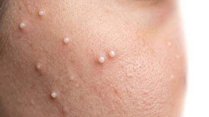 Naklejka premium Macro photo of milia white bumps and keratin cysts on human skin