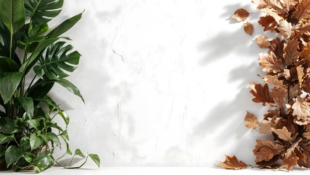 Seasonal leaf transition on white plaster wall - Ideal for product backdrop mockups, seasonal sales banners, or minimalist wall art.