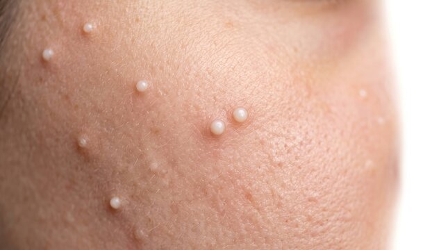Macro photo of milia white bumps and keratin cysts on human skin