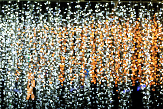 String lights create a colorful display at a festive gathering during the evening hours