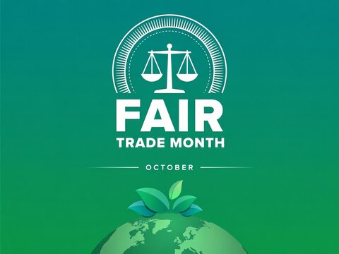 Fair trade month celebration graphic with scale of justice and green planet earth illustration