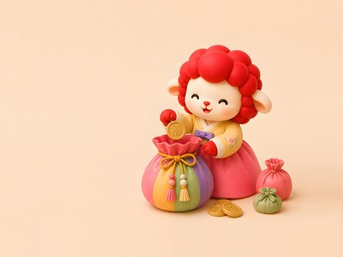 색동 복주머니를 들고 있는 붉은 양 캐릭터 Generating AI