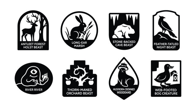 Fantasy Creatures Illustrated With Unique Emblem Style Designs On Transparent Background