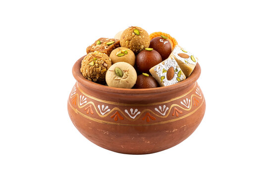 Assorted traditional Indian sweets served in a decorated clay pot (matka) isolated on transparent  background