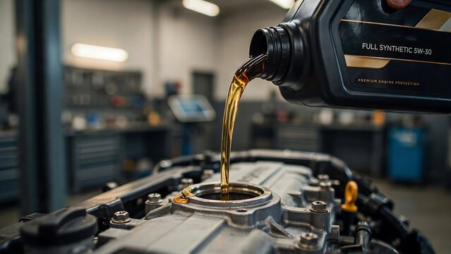 Engine oil being poured into a car engine during automotive maintenance in a repair workshop