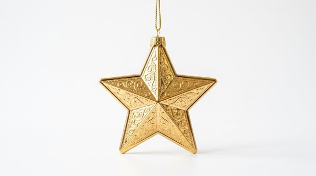 A beautiful golden star ornament hanging for christmas decoration isolated on a clean white background