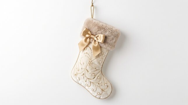 A beautiful vintage style lace christmas stocking hanging against a simple clean white background for holiday decoration