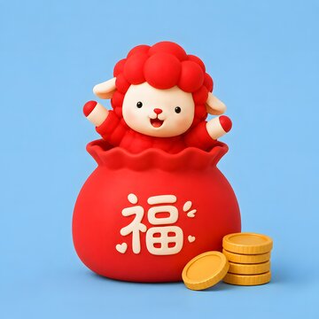 복주머니 안에서 얼굴을 내민 붉은 양Generating AI