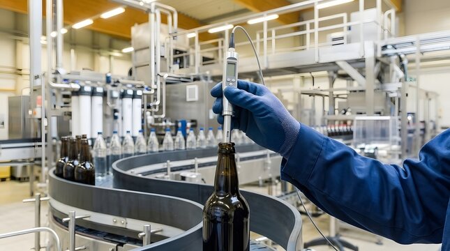 Worker Hand in Blue Glove Measuring Temperature of Glass Bottle on Factory Production Line